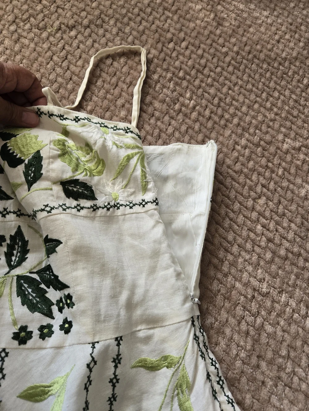 Sue Wong 100% Linen Embroidered Floral Dress Size 8 White Green Yellow